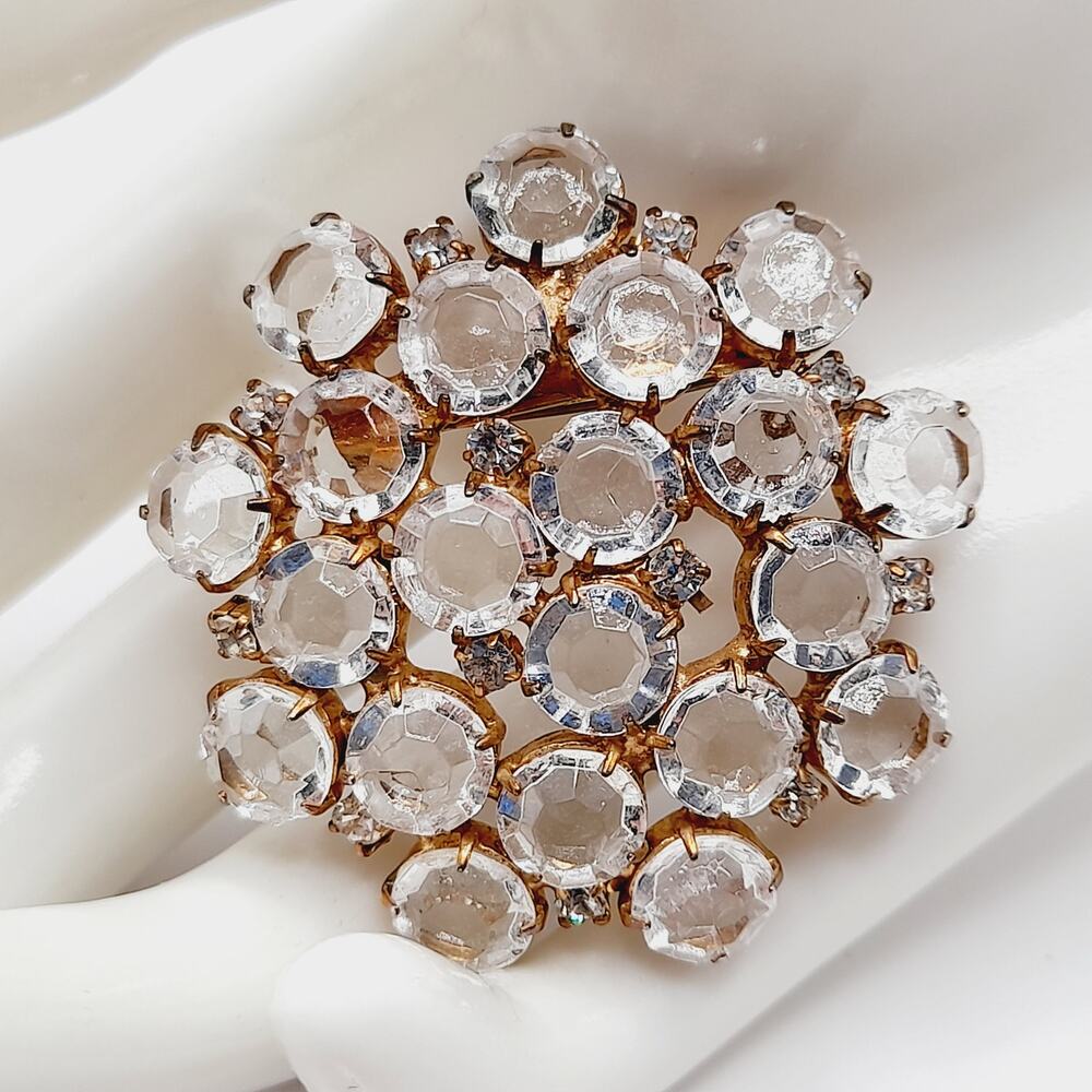Vintage Clear Rhinestone Brooch Round Cluster Gold Tone Prong Set
